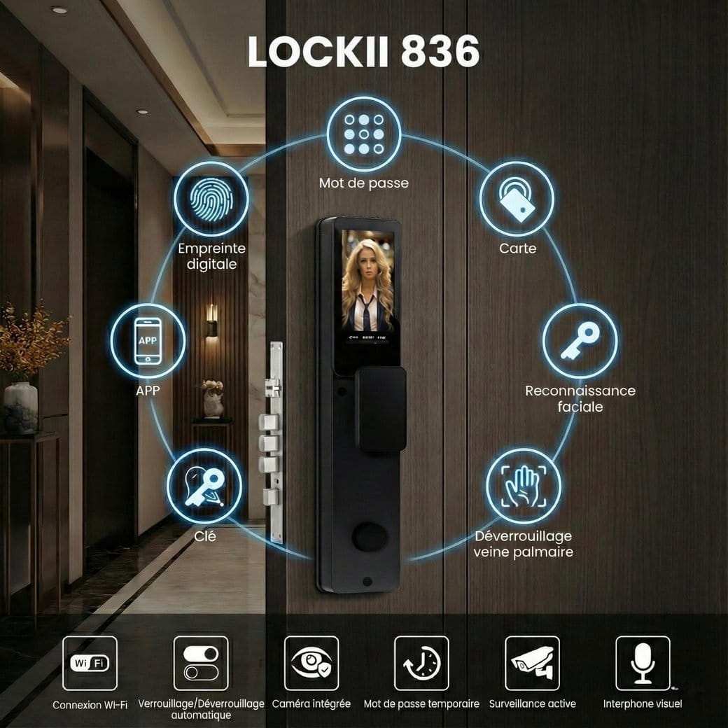 LOCKII 836 : empreinte, mot de passe, carte, reconnaissance faciale, veine palmaire, app, clé