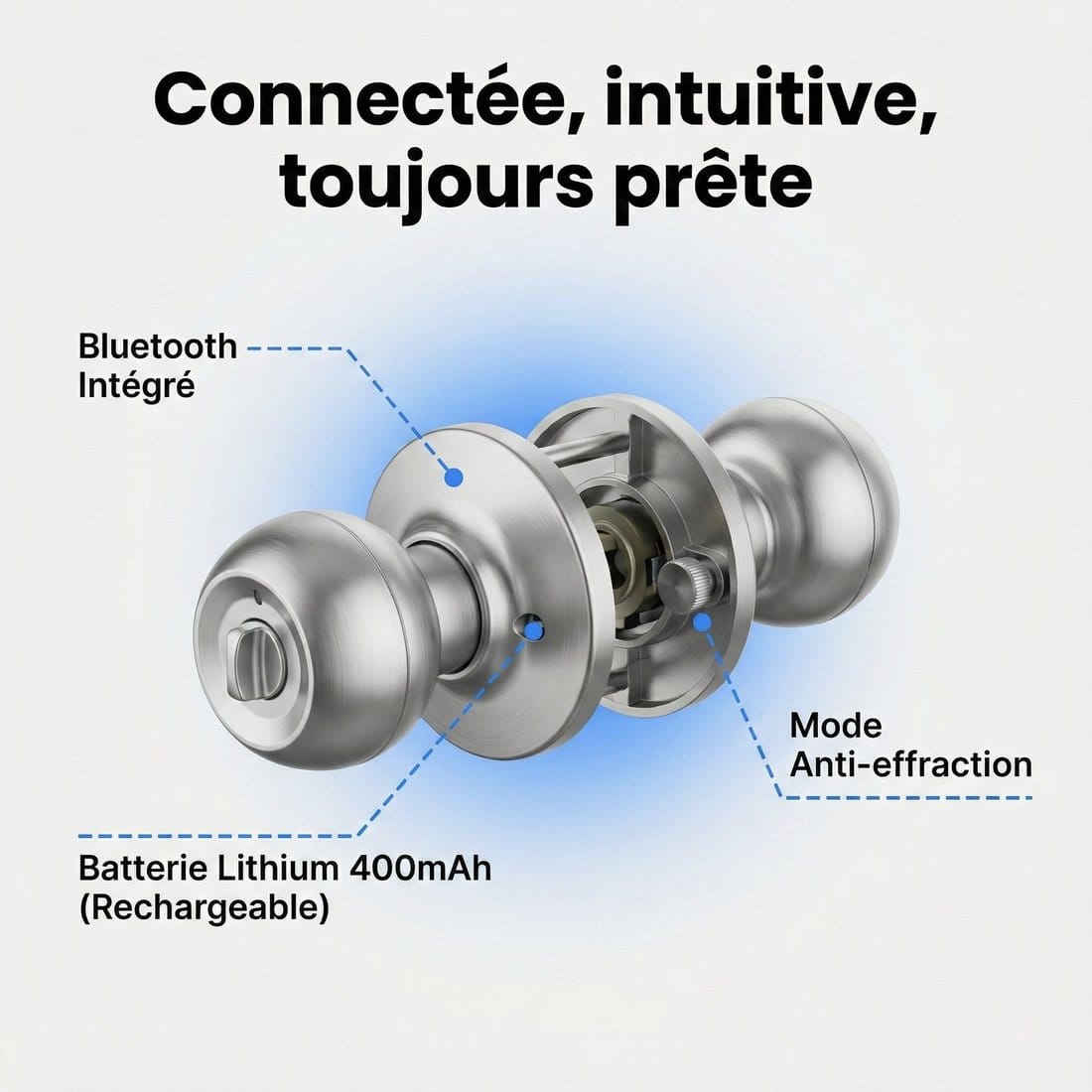 LOCKII 410 : Bluetooth intégré, batterie lithium 400 mAh rechargeable, mode anti-effraction