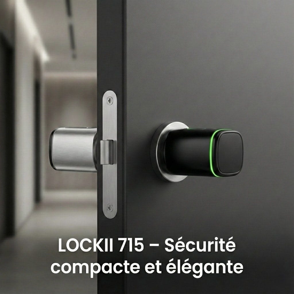LOCKII 715 installé sur une porte, finition noire à anneau lumineux vert