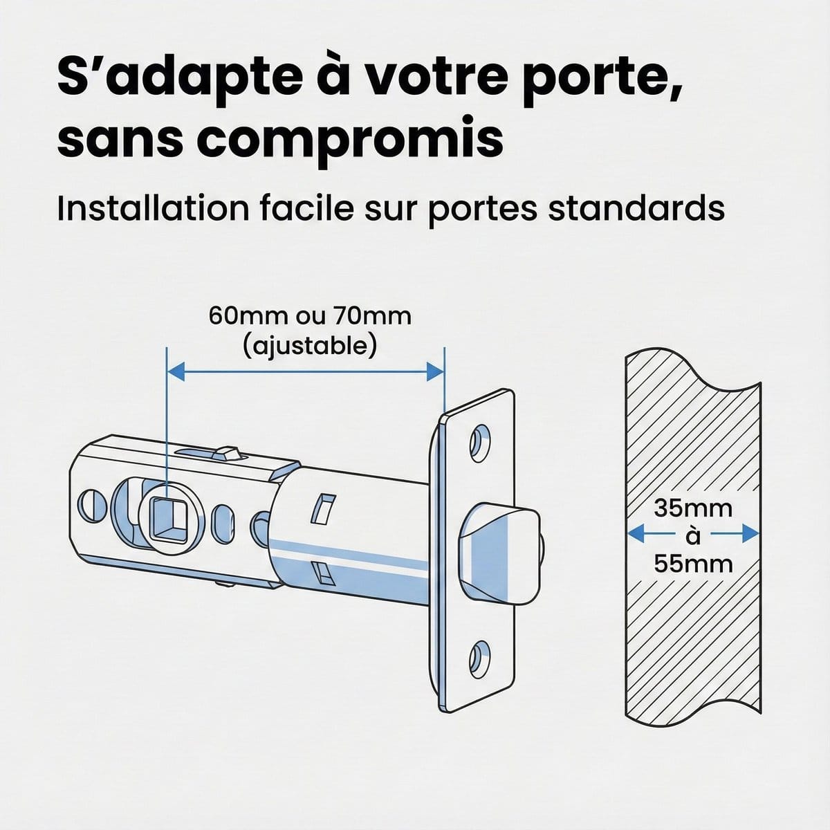LOCKII 410 : pêne réglable 60 ou 70 mm, compatible portes de 35 à 55 mm