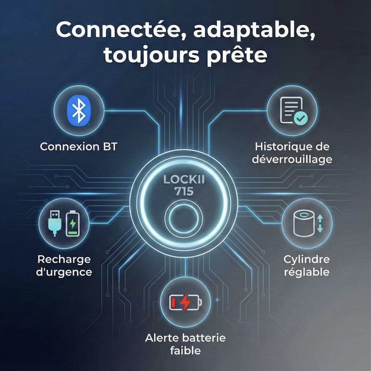 Schéma des fonctions du LOCKII 715 : Bluetooth, historique, recharge d'urgence, alerte batterie, cylindre réglable